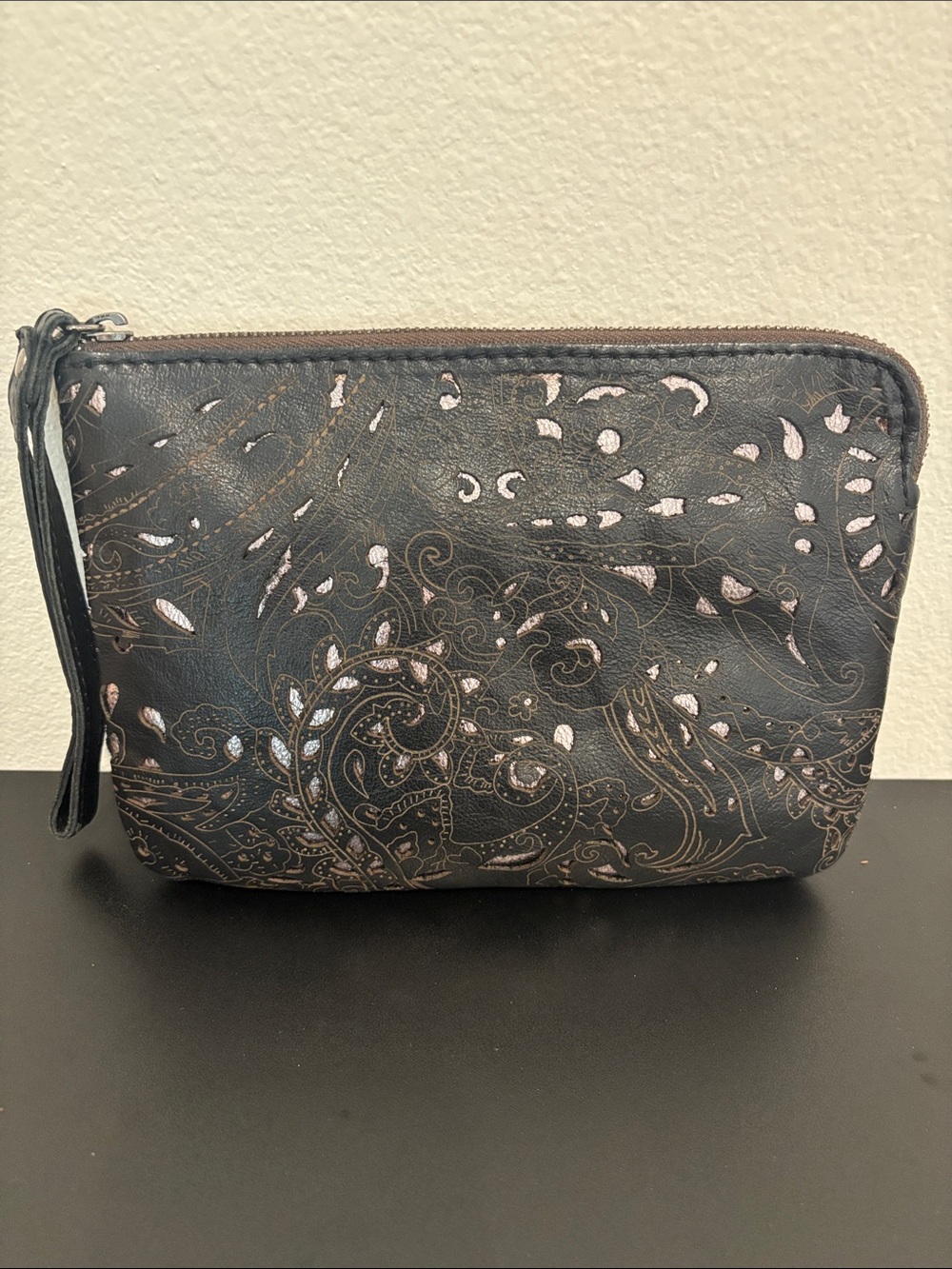 Patricia Nash Black Tooled Floral Leather Clutch Wristlet
